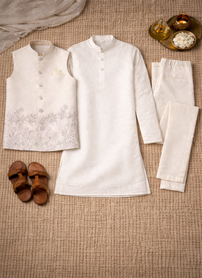off white silk blend kurta koti set with thread embroidery 5