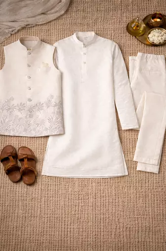 off white silk blend kurta koti set with thread embroidery