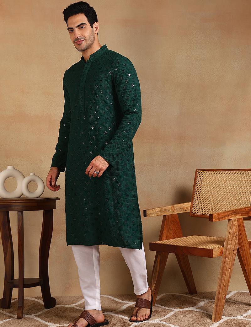 Men green viscose rayon solid embroidered straight kurta