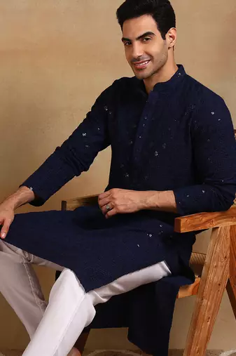 Men navy blue viscose rayon solid embroidered straight kurta