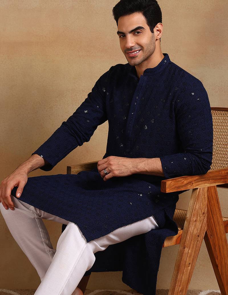 Men navy blue viscose rayon solid embroidered straight kurta
