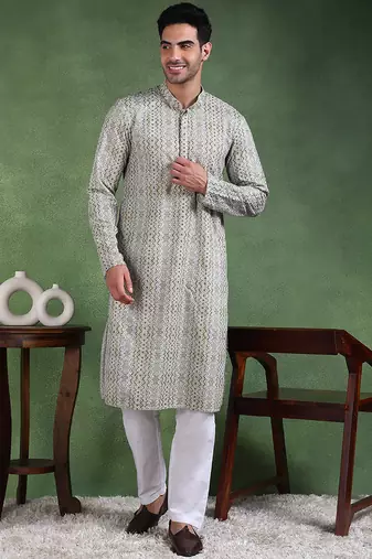 Men olive viscose rayon abstract embroidered straight kurta