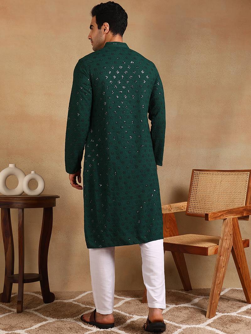 Men green viscose rayon solid embroidered straight kurta