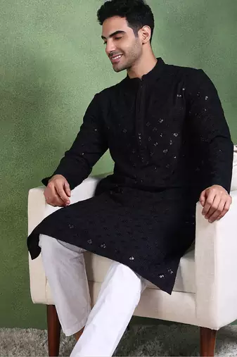 Men black viscose rayon solid embroidered straight kurta