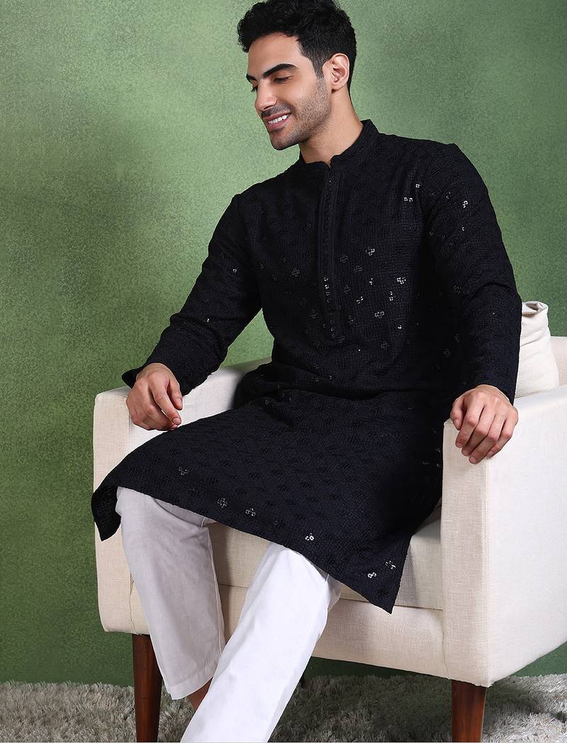 Men black viscose rayon solid embroidered straight kurta