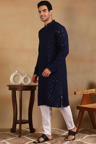 Men navy blue viscose rayon solid embroidered straight kurta