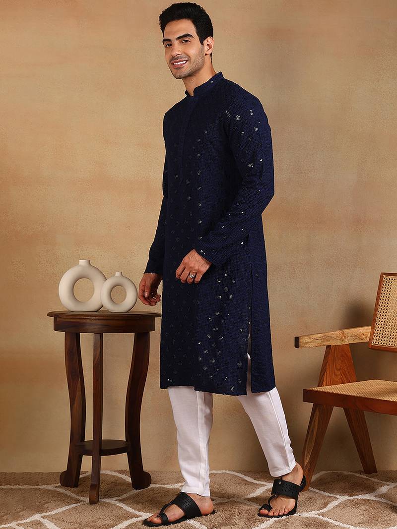 Men navy blue viscose rayon solid embroidered straight kurta