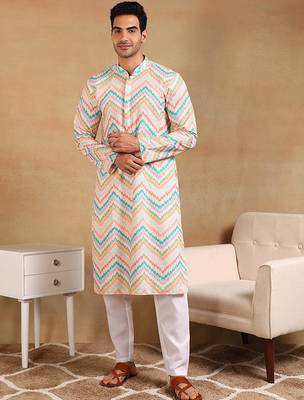 Men teal viscose rayon chevron embroidered straight kurta 1