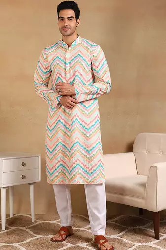 Men teal viscose rayon chevron embroidered straight kurta