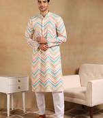 Men teal viscose rayon chevron embroidered straight kurta