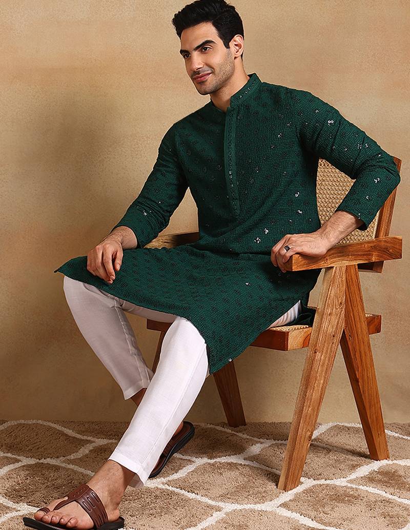 Men green viscose rayon solid embroidered straight kurta
