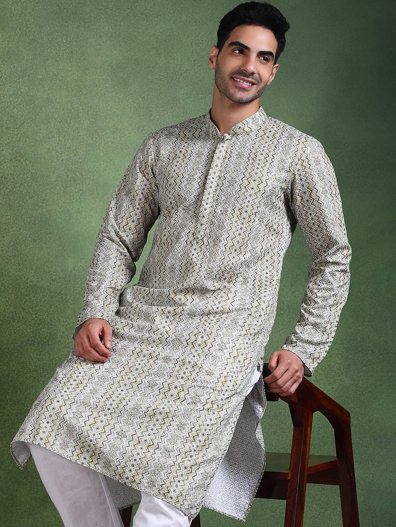 Men olive viscose rayon abstract embroidered straight kurta