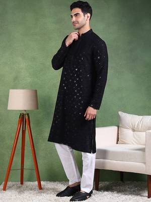 Men black viscose rayon solid embroidered straight kurta 3