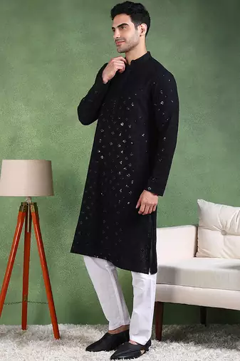 Men black viscose rayon solid embroidered straight kurta