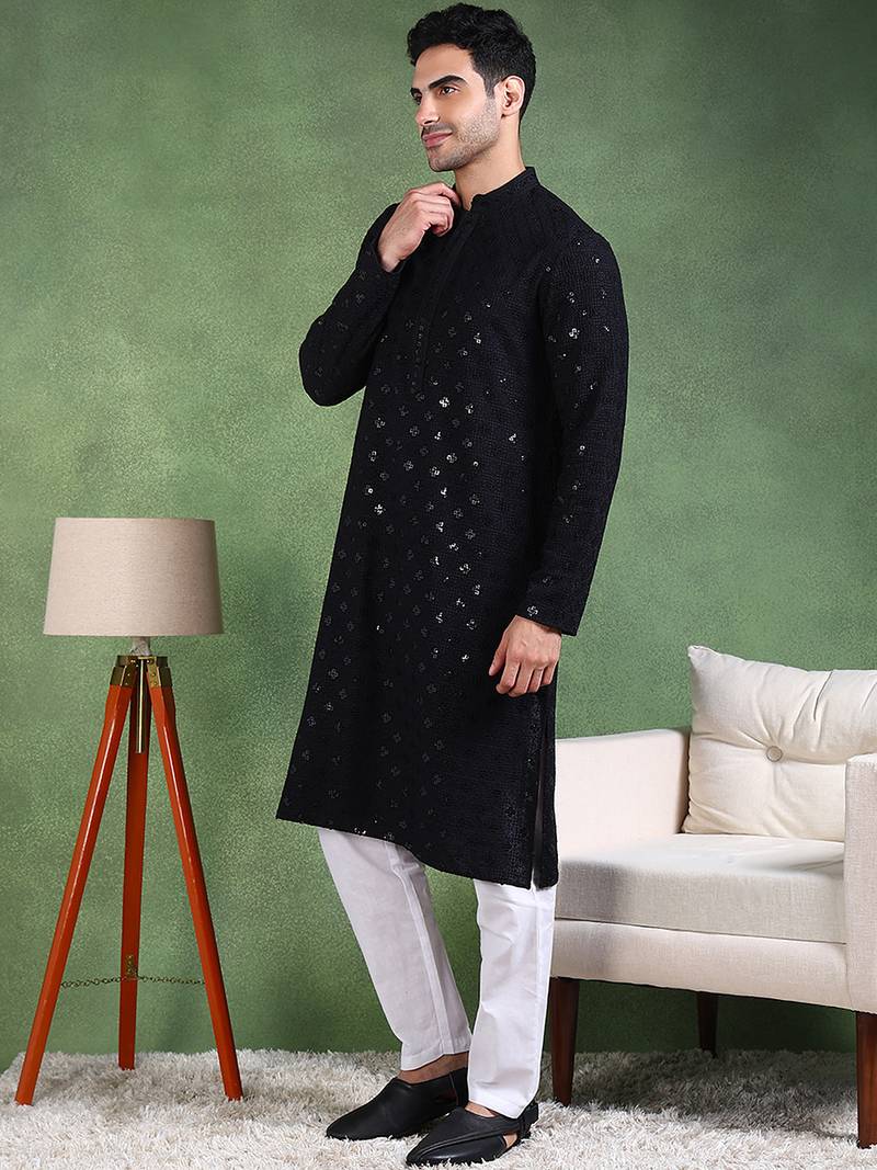 Men black viscose rayon solid embroidered straight kurta