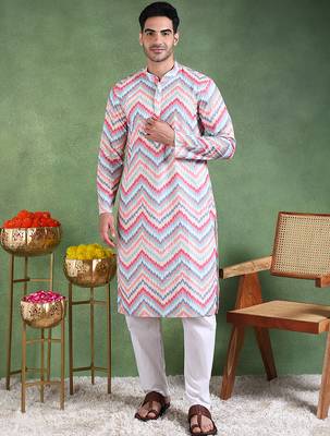 Men pink viscose rayon ikat embroidered straight kurta 1