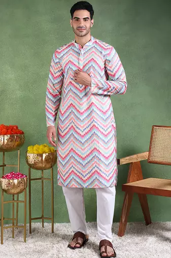 Men pink viscose rayon ikat embroidered straight kurta