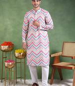Men pink viscose rayon ikat embroidered straight kurta