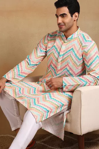 Men teal viscose rayon chevron embroidered straight kurta