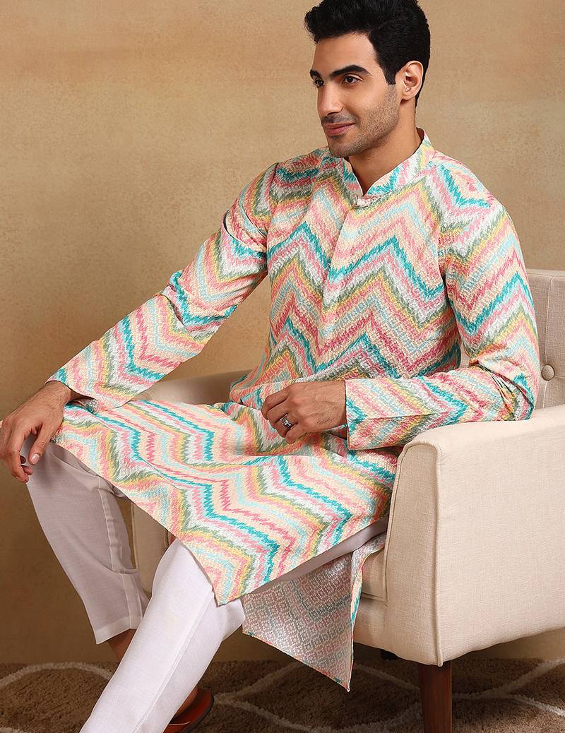 Men teal viscose rayon chevron embroidered straight kurta