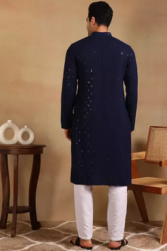 Men navy blue viscose rayon solid embroidered straight kurta