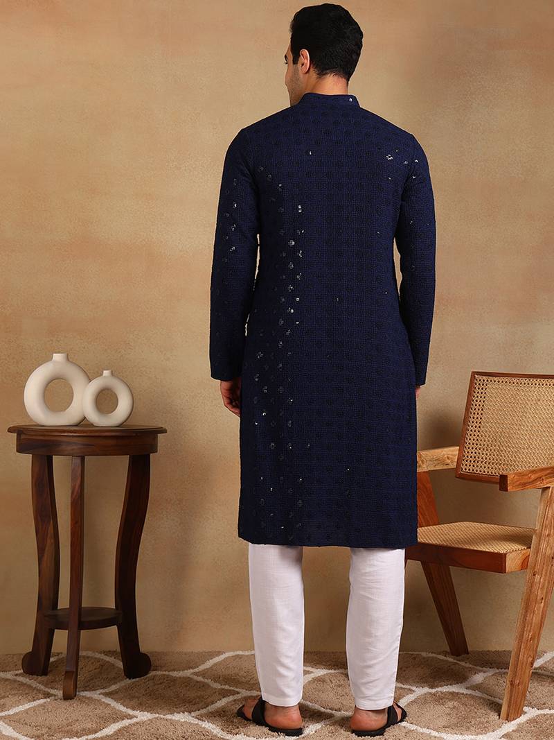 Men navy blue viscose rayon solid embroidered straight kurta