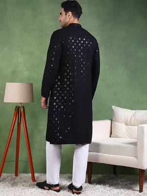 Men black viscose rayon solid embroidered straight kurta 4