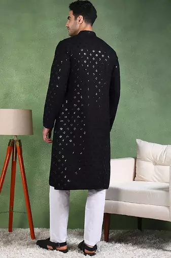 Men black viscose rayon solid embroidered straight kurta