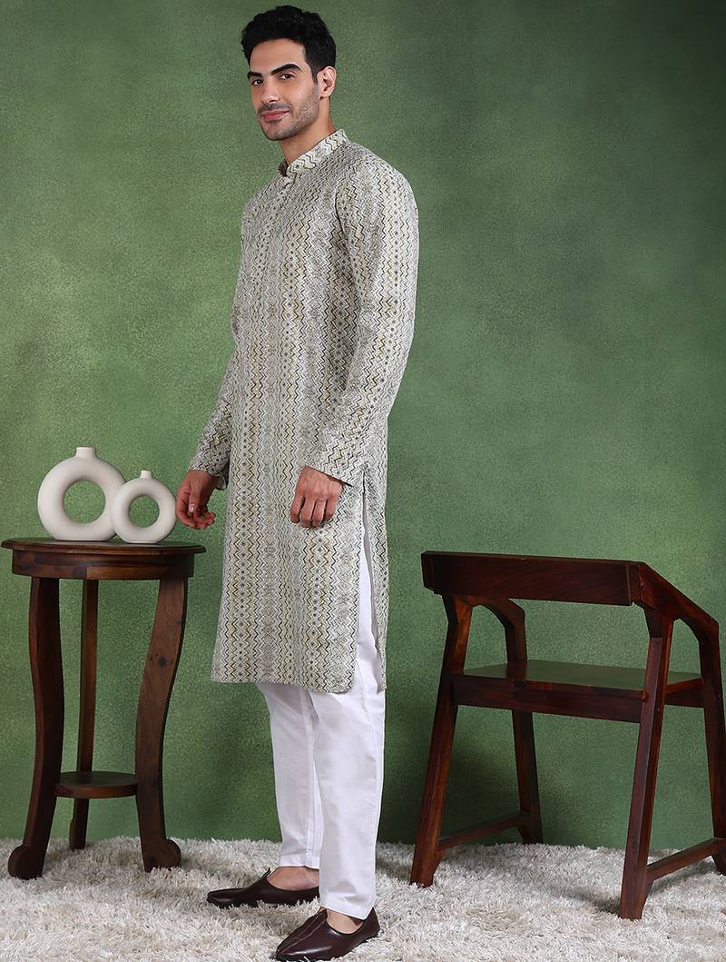 Men olive viscose rayon abstract embroidered straight kurta