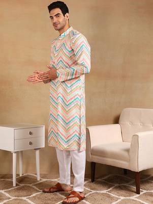 Men teal viscose rayon chevron embroidered straight kurta 3