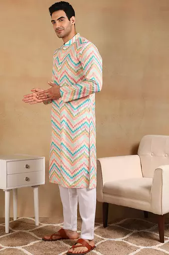 Men teal viscose rayon chevron embroidered straight kurta