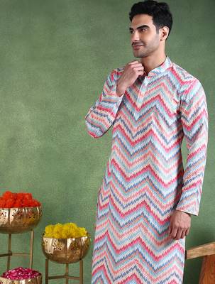 Men pink viscose rayon ikat embroidered straight kurta 2