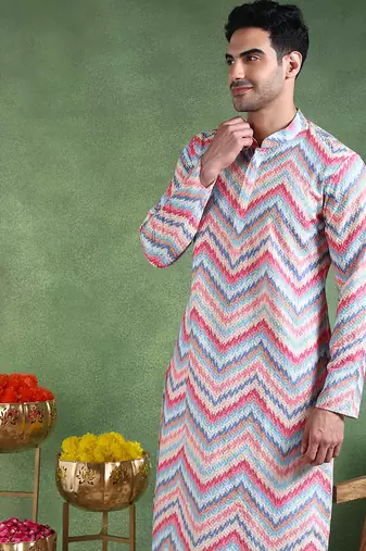 Men pink viscose rayon ikat embroidered straight kurta