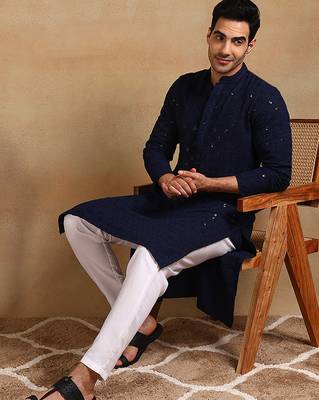 Men navy blue viscose rayon solid embroidered straight kurta 5