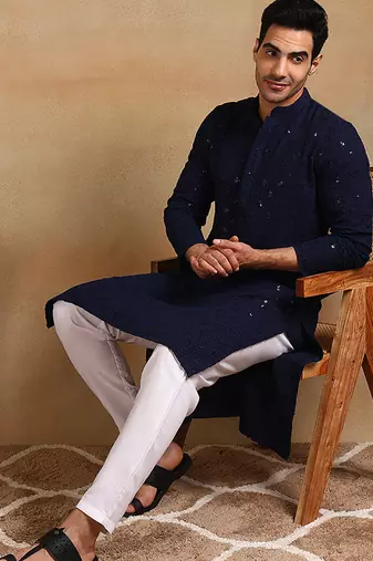 Men navy blue viscose rayon solid embroidered straight kurta