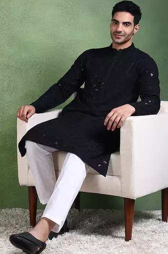 Men black viscose rayon solid embroidered straight kurta