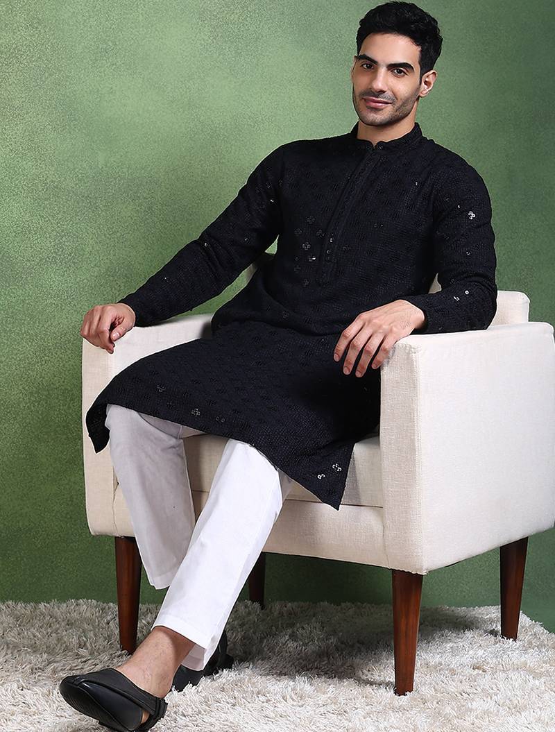 Men black viscose rayon solid embroidered straight kurta
