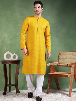Men mustard viscose rayon solid embroidered straight kurta 1