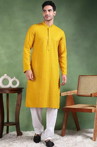 Men mustard viscose rayon solid embroidered straight kurta