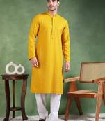 Men mustard viscose rayon solid embroidered straight kurta