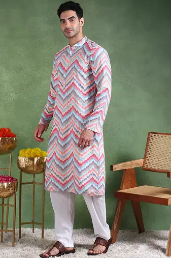 Men pink viscose rayon ikat embroidered straight kurta