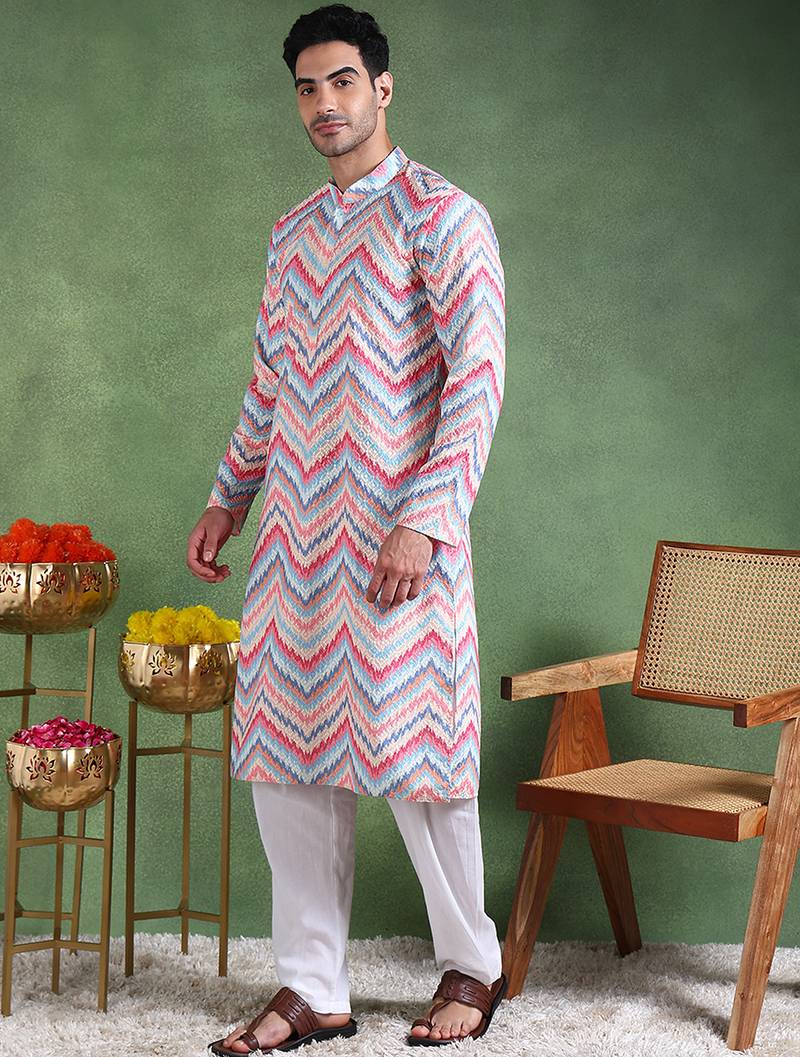 Men pink viscose rayon ikat embroidered straight kurta