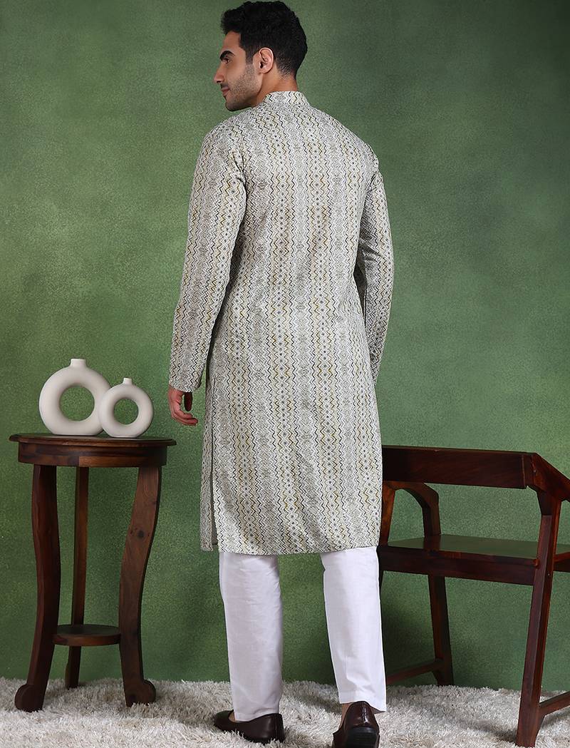 Men olive viscose rayon abstract embroidered straight kurta