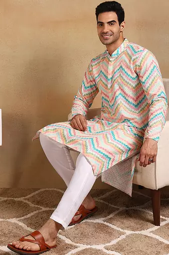 Men teal viscose rayon chevron embroidered straight kurta
