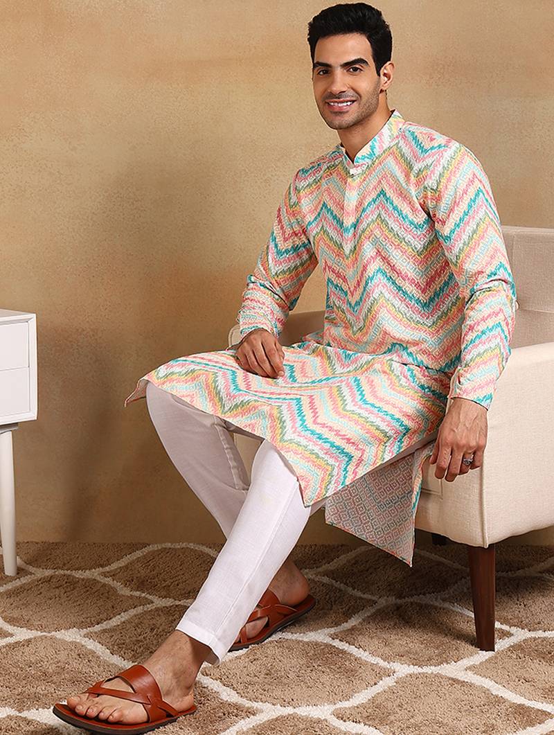 Men teal viscose rayon chevron embroidered straight kurta