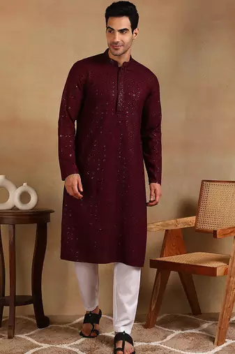 Men wine viscose rayon solid embroidered straight kurta