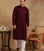 Men wine viscose rayon solid embroidered straight kurta