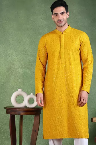 Men mustard viscose rayon solid embroidered straight kurta