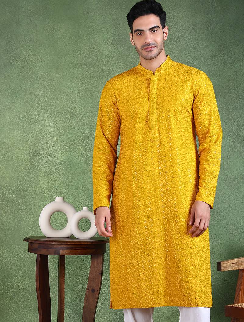 Men mustard viscose rayon solid embroidered straight kurta