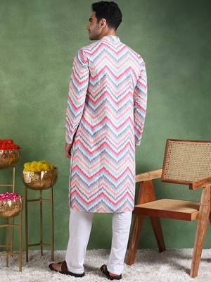 Men pink viscose rayon ikat embroidered straight kurta 4